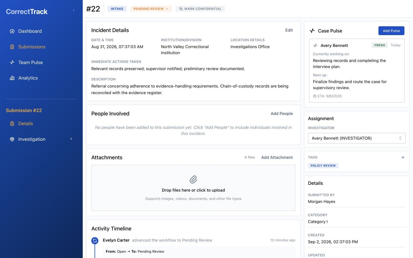 CorrectTrack case detail with incident information, assignment, case pulse, and activity timeline
