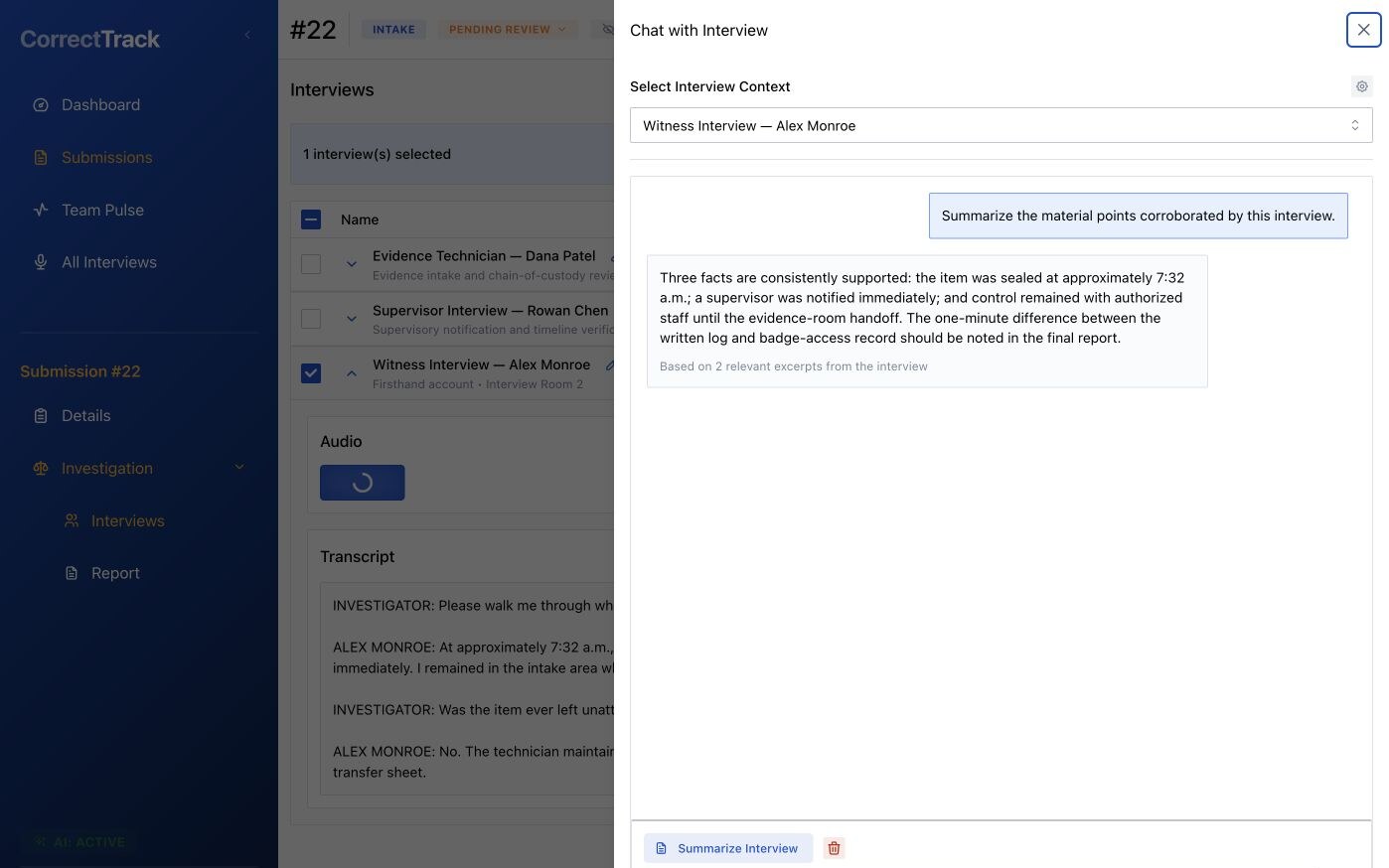 ReportMind assistant showing an interview question, analysis, and supporting excerpts