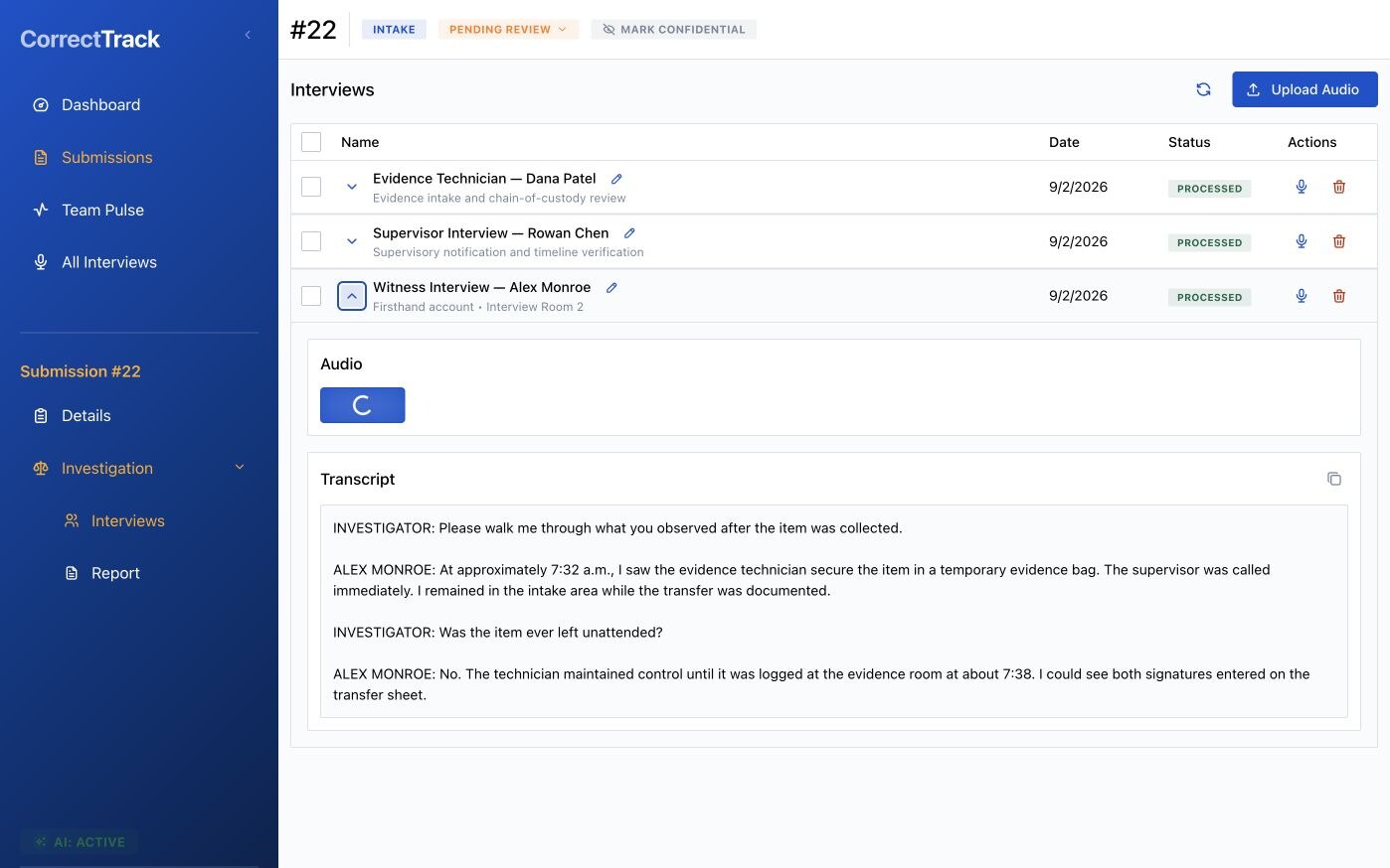 Expanded ReportMind witness interview with processed audio and transcript